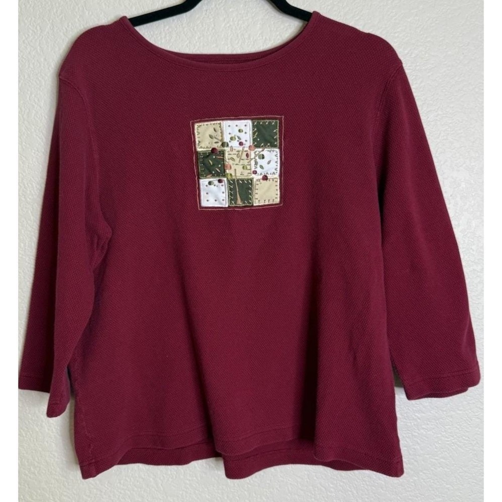 Christopher Banks Women L Top Burgundy Waffle Knit Patchwork Embroidered Cottage